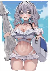 Rule 34 | 1girl, bag, beach umbrella, bikini, blue eyes, blue sky, blush, breasts, cleavage, cropped legs, day, frilled bikini, frills, grey hair, hair between eyes, highres, holding, holding umbrella, kantai collection, kashima (kancolle), large breasts, long hair, looking at viewer, open mouth, picoli1313, sky, solo, swimsuit, twintails, umbrella
