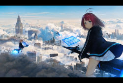 Rule 34 | 3girls, absurdres, antenna hair, bad id, bad pixiv id, bird, black footwear, black jacket, blue eyes, blue sky, building, cityscape, clock, clock tower, closed mouth, cloud, commentary request, day, flying, highres, holographic interface, hood, hood down, hooded jacket, hoshimiya aki, jacket, letterboxed, light brown hair, long sleeves, looking at viewer, looking to the side, multiple girls, open clothes, open jacket, orange hair, original, outdoors, pleated skirt, red hair, riding, shoes, skirt, sky, skyscraper, sleeves past wrists, smile, tower, translation request, white skirt
