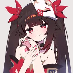 Rule 34 | 1girl, bare shoulders, black hair, blunt bangs, chest tattoo, commentary, facial mark, grey background, hands up, head tilt, highres, honkai: star rail, honkai (series), long hair, looking at viewer, nail polish, red eyes, red nails, simple background, smile, solo, sparkle (honkai: star rail), tattoo, twintails, upper body, very long hair, zenshin