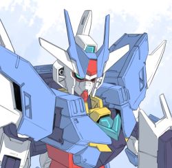 Rule 34 | aqua eyes, ayuuuuuu, blue background, earthree gundam, gundam, gundam build divers, gundam build divers re:rise, gunpla, joints, looking down, mecha, model kit, no humans, robot, robot joints, shield, solo, v-fin