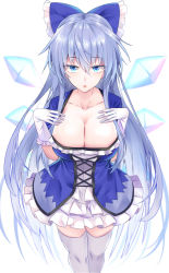 Rule 34 | 1girl, aged up, alternate breast size, alternate costume, alternate hair length, alternate hairstyle, blue bow, blue dress, blue eyes, blue hair, blue sleeves, bow, breasts, cirno, cleavage, dress, e.o., fairy, frilled bow, frills, gloves, hair between eyes, hair bow, hands on own chest, highres, ice, ice wings, large breasts, layered dress, long hair, looking at viewer, open mouth, short sleeves, simple background, solo, thighhighs, touhou, two-tone dress, white background, white dress, white gloves, white thighhighs, wings