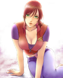 Rule 34 | 1girl, breasts, capcom, claire redfield, cleavage, female focus, green eyes, jacket, long hair, olino, pants, ponytail, red hair, resident evil, resident evil 2, sitting, solo, white background