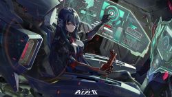 Rule 34 | 1girl, black gloves, black hair, breasts, cleavage, cleavage cutout, closed mouth, clothing cutout, commentary request, gloves, hair between eyes, headgear, heads-up display, highres, interior, iron saga, large breasts, logo, long hair, long sleeves, looking at viewer, mecha, oboro (iron saga), official art, red eyes, robot, sitting, solo, very long hair