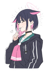 Rule 34 | 1girl, absurdres, animal ears, aqua sailor collar, black choker, black hair, blue archive, blush, choker, closed eyes, closed mouth, colored inner hair, cropped torso, extra ears, food, food on face, fork, halo, heart, highres, hood, hood down, hooded jacket, jacket, kazusa (blue archive), long sleeves, multicolored hair, neckerchief, ochiai miyabi, pink hair, pink neckerchief, sailor collar, short hair, simple background, solo, two-tone hair, upper body, utensil in mouth, white background