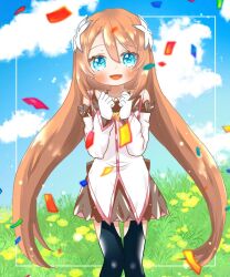 Rule 34 | blue eyes, bow, confetti, flower, grass, hair flower, hair ornament, highres, long hair, marta lualdi, sky, tagme, tales of (series), tales of symphonia, tales of symphonia: dawn of the new world, very long hair, yellow bow