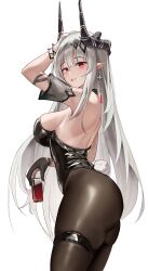 Rule 34 | 1girl, absurdres, alternate costume, arknights, arm up, ass, bare shoulders, black horns, black leotard, blush, breasts, brown pantyhose, chinese commentary, commentary request, cowboy shot, cup, drink, drinking glass, earrings, fake tail, from side, grey hair, hand on own head, highres, holding, holding drink, horns, infection monitor (arknights), jewelry, large breasts, leotard, long hair, looking at viewer, mudrock (arknights), pantyhose, parted lips, playboy bunny, pointy ears, rabbit tail, red eyes, simple background, skindentation, skydrop, smile, solo, standing, strapless, strapless leotard, tail, thighlet, white background, white tail