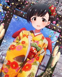 Rule 34 | 10s, 1girl, :d, alternate hairstyle, artist request, bare tree, beamed quavers, black hair, brown eyes, cloud, dutch angle, floral print, flower, hair flower, hair ornament, hair up, heart, idolmaster, idolmaster million live!, japanese clothes, jewelry, jpeg artifacts, kimono, looking at viewer, musical note, nakatani iku, official art, open mouth, quaver, ring, short hair, sky, smile, solo, source request, star (symbol), tree