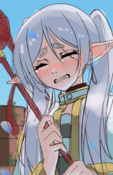 Rule 34 | 1girl, blush, capelet, closed eyes, crying, earrings, elf, frieren, highres, holding, holding staff, jewelry, long hair, mage staff, mcbox, parted bangs, pointy ears, sad, scene reference, sketch, solo, sousou no frieren, staff, streaming tears, tears, twintails, white capelet, white hair