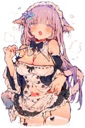 Rule 34 | 1girl, animal ears, apron, bare shoulders, black bow, blush, bow, breasts, buttons, cleavage, cowboy shot, dog ears, flower, frilled apron, frills, garter straps, hair ornament, hand up, heart, highres, jewelry, long hair, looking at viewer, maid, maid apron, maid headdress, medium breasts, midriff, navel, necklace, open mouth, original, otintin, pink eyes, pink hair, pulling own clothes, simple background, solo, steam, sweat, tail, thighhighs, white background, white thighhighs