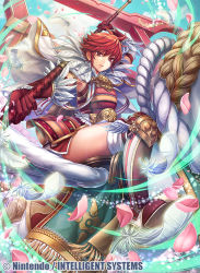 Rule 34 | armor, boots, breastplate, cape, cherry blossoms, cloud, cloudy sky, elbow gloves, feathers, fire emblem, fire emblem cipher, fire emblem fates, flying, fumi (butakotai), gloves, hinoka (fire emblem), japanese armor, lance, looking at viewer, nintendo, official art, pegasus, pegasus knight uniform (fire emblem), petals, polearm, red eyes, red footwear, red gloves, red hair, riding, short hair, sky, solo, thigh boots, thighhighs, thighs, torii, watermark, weapon, wind