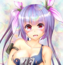 Rule 34 | 10s, 1girl, 774r, blue hair, blush, breast hold, breasts squeezed together, breasts, bubble, cleavage, collarbone, colorized, commentary request, derivative work, hair ribbon, heart, highres, i-19 (kancolle), kantai collection, ki (kk-sk-ray), long hair, looking at viewer, one-piece swimsuit, open mouth, portrait, red eyes, ribbon, school swimsuit, smile, solo, swimsuit, torn clothes, torn swimsuit, twintails