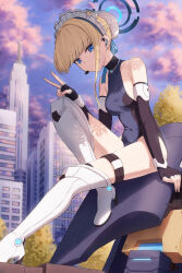 Rule 34 | 1girl, black gloves, blonde hair, blue archive, blue eyes, blue halo, blue leotard, breasts, building, city, cloud, commentary, covered navel, elbow gloves, fingerless gloves, gloves, hair bun, halo, headset, highres, kamo ashi, leotard, looking at viewer, medium breasts, outdoors, short hair, single hair bun, sitting, sky, solo, thighhighs, thighs, toki (blue archive), v, white thighhighs