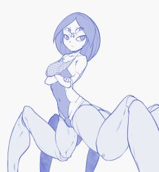Rule 34 | 1girl, arachne, arthropod girl, blue theme, breasts, cleavage, clothing cutout, collarbone, crossed arms, extra eyes, female focus, forehead, half-closed eyes, highres, hitmanatee, insect girl, legs, leotard, looking to the side, medium breasts, monochrome, monster girl, original, parted bangs, see-through, short hair, side cutout, sidelocks, simple background, sketch, skindentation, solo, spider girl, standing, taur, white background