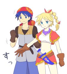 Rule 34 | 1boy, 1girl, bad id, bad pixiv id, bandages, bandana, blonde hair, blue eyes, blue hair, breasts, chrono cross, commentary request, crop top, cropped vest, facial mark, gloves, high ponytail, jewelry, kid (chrono cross), long hair, medium breasts, midriff, mizushima (kazami4), multi-tied hair, necklace, ponytail, serge (chrono cross), short hair, vest