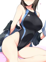 Rule 34 | 10s, 1girl, absurdres, bare legs, barefoot, breasts, brown hair, collarbone, competition swimsuit, covered navel, girls und panzer, halcon, hat, unworn hat, head out of frame, unworn headwear, heart, highleg, highleg swimsuit, highres, jacket, large breasts, mika (girls und panzer), off shoulder, one-piece swimsuit, simple background, sitting, skindentation, smile, solo, swimsuit, white background, yokozuwari