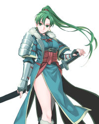 Rule 34 | armor, asymmetrical bangs, boots, breasts, coat, cowboy shot, dress, earrings, fingerless gloves, fire emblem, fire emblem: the blazing blade, fire emblem awakening, fur-trimmed boots, fur-trimmed coat, fur trim, gauntlets, gloves, green eyes, green hair, hand on hilt, highres, japanese armor, jewelry, katana, kori (etinop), long hair, long sleeves, looking at viewer, lyn (fire emblem), medium breasts, nintendo, pelvic curtain, ponytail, sash, scabbard, sheath, sheathed, shoulder armor, side slit, simple background, smile, solo, sword, thighs, weapon, white background