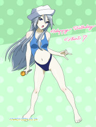 Rule 34 | 1girl, blue eyes, blue hair, blush, breasts, character name, flint (girls und panzer), girls und panzer, happy birthday, hat, long hair, looking at viewer, microphone, naotosi, navel, open mouth, polka dot, polka dot background, simple background, small breasts, solo, swimsuit