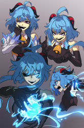 Rule 34 | 1girl, absurdres, ahoge, bare shoulders, bell, black gloves, blue hair, breasts, detached sleeves, evil smile, ganyu (genshin impact), genshin impact, gloves, goat horns, highres, horns, lewdicy, long hair, neck bell, open mouth, purple eyes, sidelocks, simple background, smile, solo
