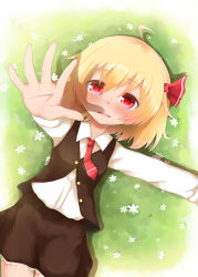 Rule 34 | 1girl, ahoge, blonde hair, blush, flower, from above, grass, hair ribbon, koji (kohei66), long sleeves, looking at viewer, lying, necktie, on back, open mouth, outstretched arm, outstretched hand, pink eyes, red necktie, ribbon, rumia, shirt, skirt, skirt set, smile, solo, touhou, vest