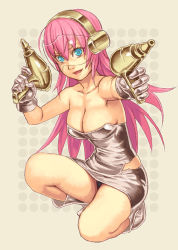 Rule 34 | 1girl, :d, alternate costume, aqua eyes, armpits, bare arms, bare legs, bare shoulders, black panties, boots, breasts, cleavage, collarbone, dress, dual wielding, female focus, full body, gloves, grey dress, grey footwear, grey gloves, gun, headphones, holding, holding gun, holding weapon, kneeling, large breasts, legs, long hair, looking at viewer, megurine luka, neck, on one knee, open mouth, panties, pantyshot, pink hair, smile, solo, squatting, strapless, strapless dress, torn clothes, torn dress, underwear, visor, vocaloid, weapon, yuuji (and)