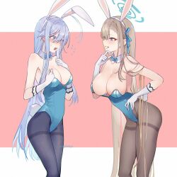 Rule 34 | 2girls, 86 -eightysix-, asuna (blue archive), asuna (blue archive) (cosplay), asuna (bunny) (blue archive), blonde hair, blue archive, breasts, cleavage, cosplay, crossover, hasegawa ikumi, kistina, large breasts, leotard, medium breasts, multiple girls, playboy bunny, vladilena millize, voice actor connection, white hair
