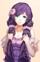 Rule 34 | 10s, 1girl, bare shoulders, bracelet, breasts, cleavage, dress, flower, frills, green eyes, hair flower, hair ornament, hair over shoulder, hair scrunchie, highres, holding, holding own hair, jewelry, lips, lipstick, long hair, love live!, love live! school idol festival, love live! school idol project, makeup, medium breasts, minhoo, nose, purple dress, purple hair, scrunchie, simple background, smile, solo, swept bangs, tojo nozomi, twintails, upper body, very long hair