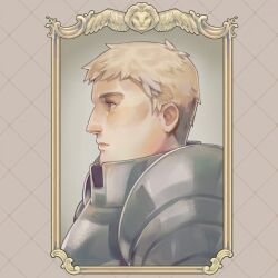 Rule 34 | 1boy, armor, blonde hair, border, brown background, closed mouth, commentary, dungeon meshi, english commentary, feathered wings, from side, gorget, grey background, highres, jinaxxo, laios touden, lion, looking ahead, male focus, ornate border, pauldrons, plate armor, portrait, profile, short hair, shoulder armor, solo, winged lion (dungeon meshi), wings