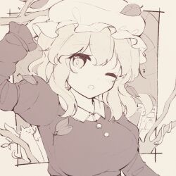 Rule 34 | 1girl, :o, branch, breasts, buttons, collared dress, dress, greyscale, hand on headwear, hat, juliet sleeves, leaf, long sleeves, maribel hearn, medium breasts, medium hair, mob cap, monochrome, nazawa (nother), one eye closed, puffy sleeves, solo, touhou, upper body