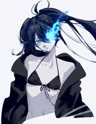 Rule 34 | 1girl, absurdres, adochansukisuki, ahoge, bikini, black bikini, black hair, black jacket, black rock shooter, black rock shooter (character), blue eyes, closed mouth, collarbone, commentary, english commentary, flaming eye, floating hair, front-tie bikini top, front-tie top, hair between eyes, highres, jacket, long hair, navel, open clothes, open jacket, pale skin, scar, simple background, solo, stomach, swimsuit, twintails, white background