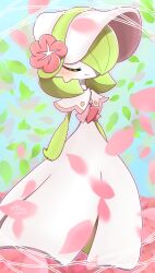 Rule 34 | 1girl, arms at sides, artist name, blue background, blush, bob cut, bonnet, capelet, closed eyes, closed mouth, clothed pokemon, colored skin, creatures (company), falling leaves, falling petals, female focus, flat chest, flower, full body, game freak, gardevoir, gardevoir (fashionable), gen 3 pokemon, green hair, green skin, hair over one eye, happy, hat, hat flower, highres, leaf, multicolored skin, nintendo, one eye covered, outline, petals, pink flower, pink trim, pokemon, pokemon (creature), pokemon unite, short hair, signature, smile, solo, split mouth, standing, twitter username, two-tone skin, u u, white capelet, white hat, white outline, white skin, yuri (fl0werspace)