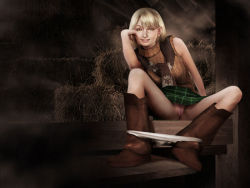 Rule 34 | 1girl, 3d, ashley graham, blonde hair, boots, brown legwear, chair, clothes lift, grin, head rest, knee boots, leaning, lipstick, looking at viewer, makeup, naughty face, orange eyes, panties, panty pull, parted bangs, plaid, plaid skirt, pussy, resident evil, resident evil 4, scarf, short hair, sitting, skirt, skirt lift, sleeveless, sleeveless turtleneck, smile, solo, sweat, third-party edit, turtleneck, uncensored, underwear, white panties
