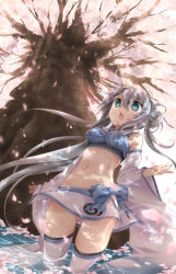 Rule 34 | 1girl, aqua eyes, bad id, bad pixiv id, bare shoulders, cherry blossoms, detached sleeves, double bun, long hair, looking up, midriff, mijinkouka, navel, open mouth, original, petals, ribbon, silver hair, skirt, solo, thighhighs, toka, tree, twintails, very long hair, water