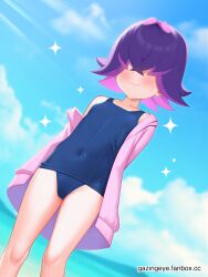 Rule 34 | 1girl, blue one-piece swimsuit, blush, breasts, cloud, covered navel, creatures (company), day, dot (pokemon), game freak, gazing eye, hair over eyes, highres, jacket, knees, light rays, medium hair, mixed-language commentary, nintendo, off shoulder, one-piece swimsuit, open clothes, open jacket, outdoors, pink jacket, pokemon, pokemon (anime), pokemon horizons, purple hair, sky, small breasts, solo, sparkle, sunlight, sweat, swimsuit, watermark, web address