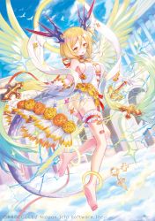 Rule 34 | 1girl, angel wings, arch, ass, barefoot, bird, blonde hair, blue sky, blush, breasts, cleavage, column, day, flower, full body, gloves, halo, headpiece, ibara riato, bridal garter, medium breasts, official art, orange eyes, orange flower, outdoors, pillar, see-through, sideboob, sky, solo, sparkle, thigh strap, watermark, white gloves, wings, z/x
