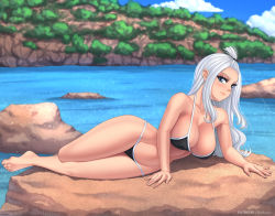Rule 34 | 1girl, bangs pinned back, bikini, black bikini, blue eyes, blue sky, breasts, fairy tail, forehead, full body, highres, large breasts, long hair, looking at viewer, lying, mirajane strauss, on side, rocky-ace, sky, smile, swimsuit, tagme, white hair