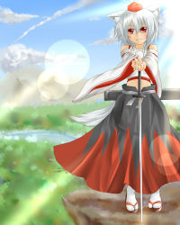 Rule 34 | 1girl, absurdres, animal ears, bad id, bad pixiv id, bare shoulders, blush, breasts, day, detached sleeves, hat, highres, inubashiri momiji, judo fuu, long sleeves, looking away, midriff, pom pom (clothes), red eyes, sandals, short hair, silver hair, sky, smile, solo, sword, tail, tokin hat, touhou, weapon, weapon bag, wolf ears, wolf tail