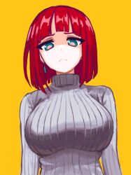 Rule 34 | 1girl, blunt bangs, breasts, closed mouth, dangle earrings, earrings, frown, green eyes, grey sweater, hcnone, jewelry, large breasts, long sleeves, looking at viewer, original, red hair, ribbed sweater, short hair, simple background, solo, sweater, turtleneck, turtleneck sweater, upper body, yellow background