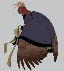 Rule 34 | 1boy, black footwear, black hair, boots, braid, braided ponytail, brown headwear, brown wings, cloak, facing away, feathered wings, from side, fur hat, grey background, hair ribbon, hat, hat feather, holding, holding ribbon, kenkon no washi, li sakura, long hair, male focus, pants, pants tucked in, red headwear, red ribbon, ribbon, simple background, single braid, sitting, two-sided fabric, wings, yellow ribbon