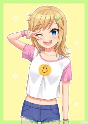 Rule 34 | aged down, blonde hair, blouse, blue eyes, breasts, child, collarbone, commentary request, commission, denim, denim shorts, dot nose, eyelashes, groin, hair ornament, hairclip, hand up, highres, idolmaster, idolmaster cinderella girls, light blush, looking at viewer, midriff peek, navel, ohtsuki yui, one eye closed, open mouth, pink sleeves, print shirt, shirt, short hair, short shorts, short sleeves, shorts, sidelocks, skeb commission, small breasts, smile, smiley face, solo, sparkle, t-shirt, teeth, thighs, upper teeth only, v, wgm oekaki, white shirt, wristband, yellow background