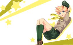 Rule 34 | 1boy, blonde hair, blue eyes, breast pocket, brown footwear, brown shirt, camp buddy, collared shirt, full body, green shorts, green socks, hand on headwear, highres, hunter springfield, long sleeves, male focus, mikkoukun, official art, official wallpaper, open mouth, outline, pocket, ribbon, shirt, shorts, socks, solo, star (symbol), starry background, white background, yellow outline, yellow ribbon