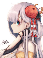 Rule 34 | 1girl, absurdres, azur lane, black gloves, blue eyes, closed mouth, eyeshadow, from side, gloves, highres, holding, holding own hair, inre kemomimi, japanese clothes, long hair, looking at viewer, makeup, mole, mole under eye, one side up, profile, shoukaku (azur lane), sideways glance, signature, simple background, smile, solo, upper body, white background, white hair