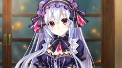 Rule 34 | 1girl, blush, bow, breasts, cleavage, collar, detached collar, fairy fencer f, frills, game cg, long hair, looking at viewer, maid headdress, neck ribbon, official art, pink eyes, ribbon, smile, solo, tiara (fairy fencer f), tsunako, upper body, white hair