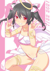 Rule 34 | 1girl, absurdres, angel wings, artist name, artist request, bikini, black hair, blush, bow, breasts, bunji, check commentary, collarbone, commentary request, dated, feathered wings, female focus, flat chest, hair between eyes, hair bow, halo, highres, long hair, looking at viewer, love live!, love live! school idol project, parted lips, red eyes, shiny skin, short hair, short twintails, sidelocks, signature, smile, solo, swimsuit, twintails, wings, yazawa nico