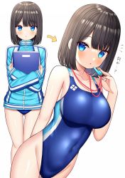 Rule 34 | 1girl, arrow (symbol), black hair, blue eyes, blue jacket, blue one-piece swimsuit, book, breasts, collarbone, commentary request, competition swimsuit, covered navel, cowboy shot, highleg, highleg swimsuit, highres, jacket, large breasts, logo, mizukoshi (marumi), multicolored clothes, multicolored jacket, multiple views, one-piece swimsuit, original, short hair, simple background, swimsuit, track jacket, translation request, whistle, whistle around neck, white background