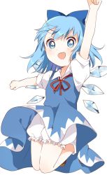Rule 34 | 1girl, :d, arm up, bloomers, blue dress, blue eyes, blue hair, cirno, dress, full body, ice, ice wings, light blush, open mouth, sasaki sakiko, short hair, simple background, smile, solo, touhou, underwear, v-shaped eyebrows, white background, wind, wind lift, wings