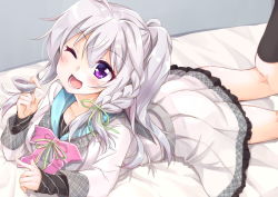 Rule 34 | 1girl, 9-nine-, blush, bow, braid, breasts, green bow, long hair, looking at viewer, lying, medium breasts, niimi sora, on stomach, one eye closed, open mouth, oruto (ort+), pink bow, purple eyes, silver hair, solo