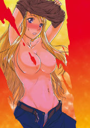 Rule 34 | 1girl, armpits, arms up, belt, blonde hair, blue eyes, blush, breasts, censored, convenient censoring, denim, female focus, fullmetal alchemist, gradient background, jeans, large breasts, lithiumia, looking at viewer, navel, no bra, panties, pants, solo, standing, striped clothes, striped panties, sweatdrop, underwear, undressing, winry rockbell
