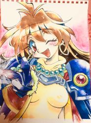 Rule 34 | 1girl, absurdres, artist request, fang, gloves, graphite (medium), highres, jewelry, lina inverse, looking at viewer, orange hair, red eyes, slayers, wizard, traditional media