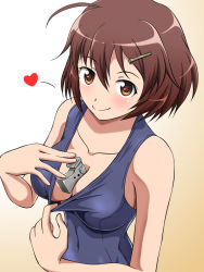 Rule 34 | 1girl, blue one-piece swimsuit, blush, brave witches, breasts, brown eyes, brown hair, cleavage, closed mouth, collarbone, covered navel, gun, hair ornament, hairclip, heart, hiro yoshinaka, karibuchi hikari, large breasts, looking at viewer, looking up, one-piece swimsuit, shiny skin, short hair, smile, solo, swimsuit, weapon, world witches series