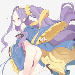 Rule 34 | 1girl, absurdres, apron, ass, bandeau, bottomless, doremi, fate/grand order, fate (series), high heels, highres, japanese clothes, kimono, kneepits, leg lift, legs, long hair, naked kimono, naughty face, off shoulder, open clothes, open kimono, purple eyes, purple hair, running, shoes, simple background, smile, solo, standing, standing on one leg, twintails, very long hair, white background, wu zetian (fate), wu zetian (first ascension) (fate)